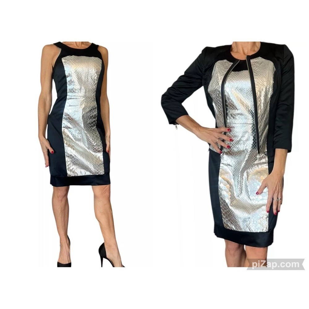 MILLY NEW YORK BLACK SLEEVELESS SHEATH DRESS SILVER SNAKE SKIN PANEL & JACKET 4